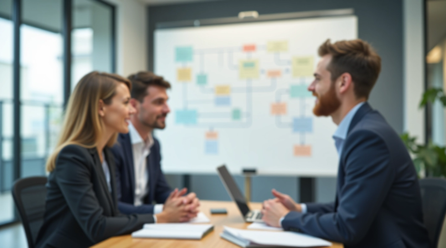 Zakenteam analyseert procesdiagram op whiteboard in kantoor