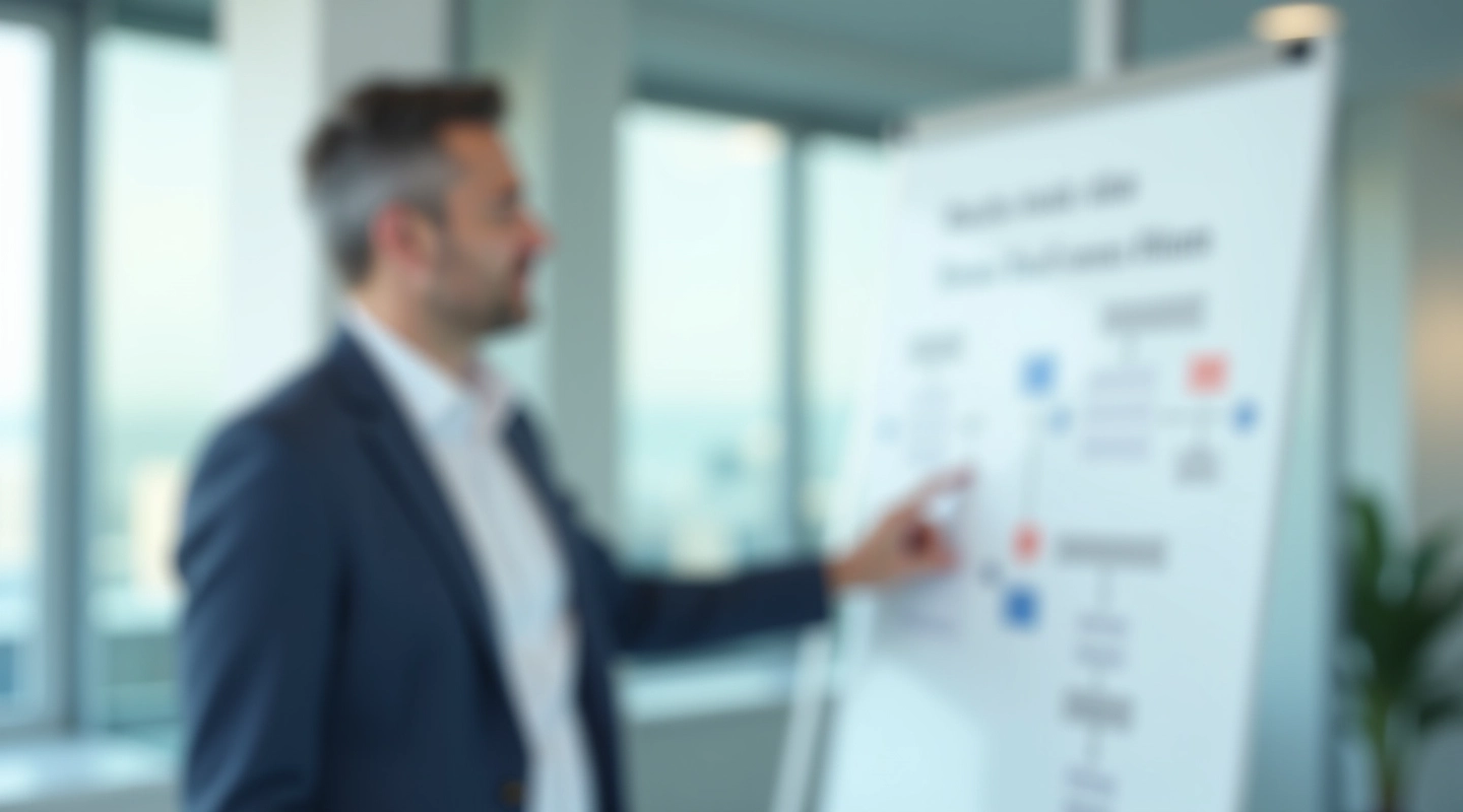 Zakenman analyseert workflow diagram op whiteboard in kantoor