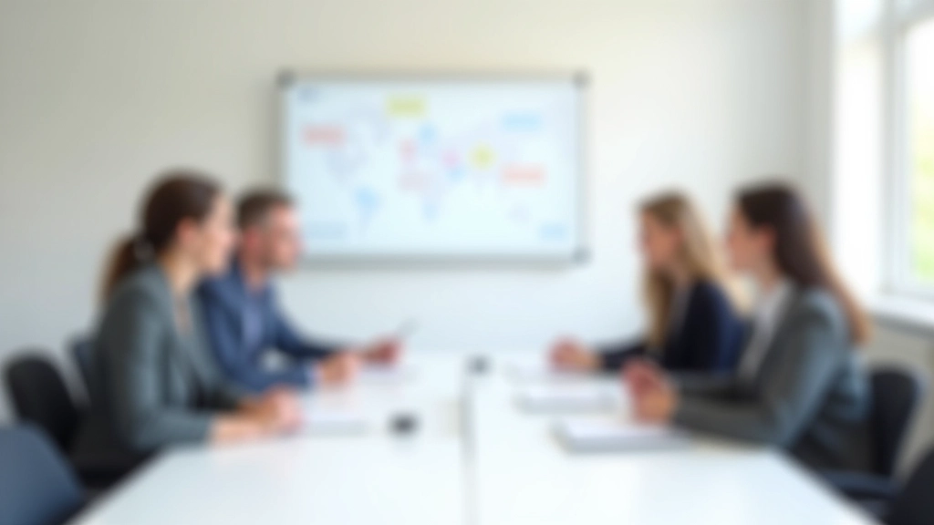Groep professionals aan vergadertafel met workflow diagrammen op whiteboard, helder kantoorlicht, focus op samenwerking