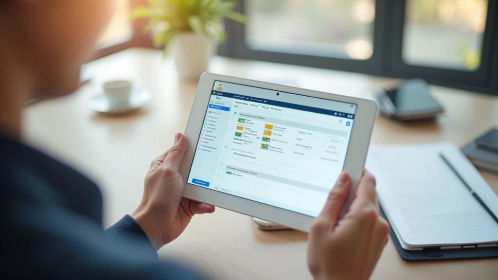 Digitale tablet met workflow software open, twee handen houden tablet vast, kantoor setting met notebooks, helder licht