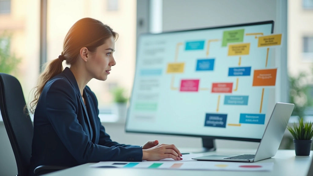 Professionele vrouw aan bureau die naar flowchart wijst met kleurgecodeerde secties, helder kantoor, portret van opzij